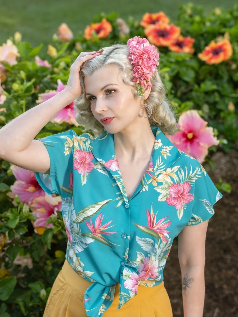 "Maria" Blouse in Teal Honolulu Print by Rock n Romance Vintage